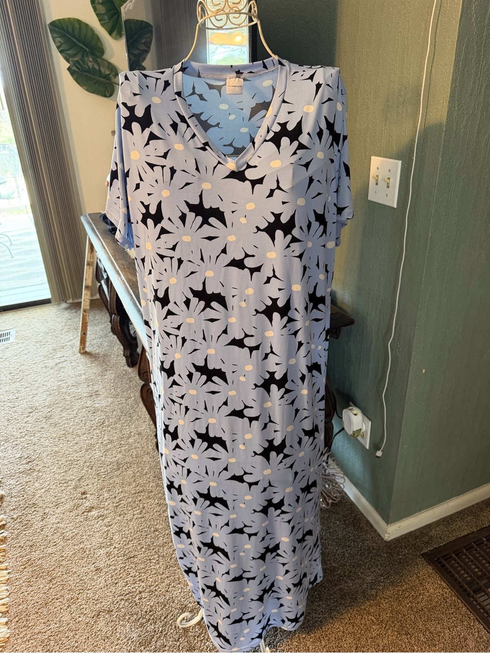 Essentials Light Blue and Black Floral V-Neck Nightgown
